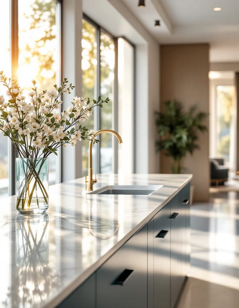 Pristine modern luxury apartment living room after professional cleaning, morning golden hour light streaming through floor-to-ceiling windows